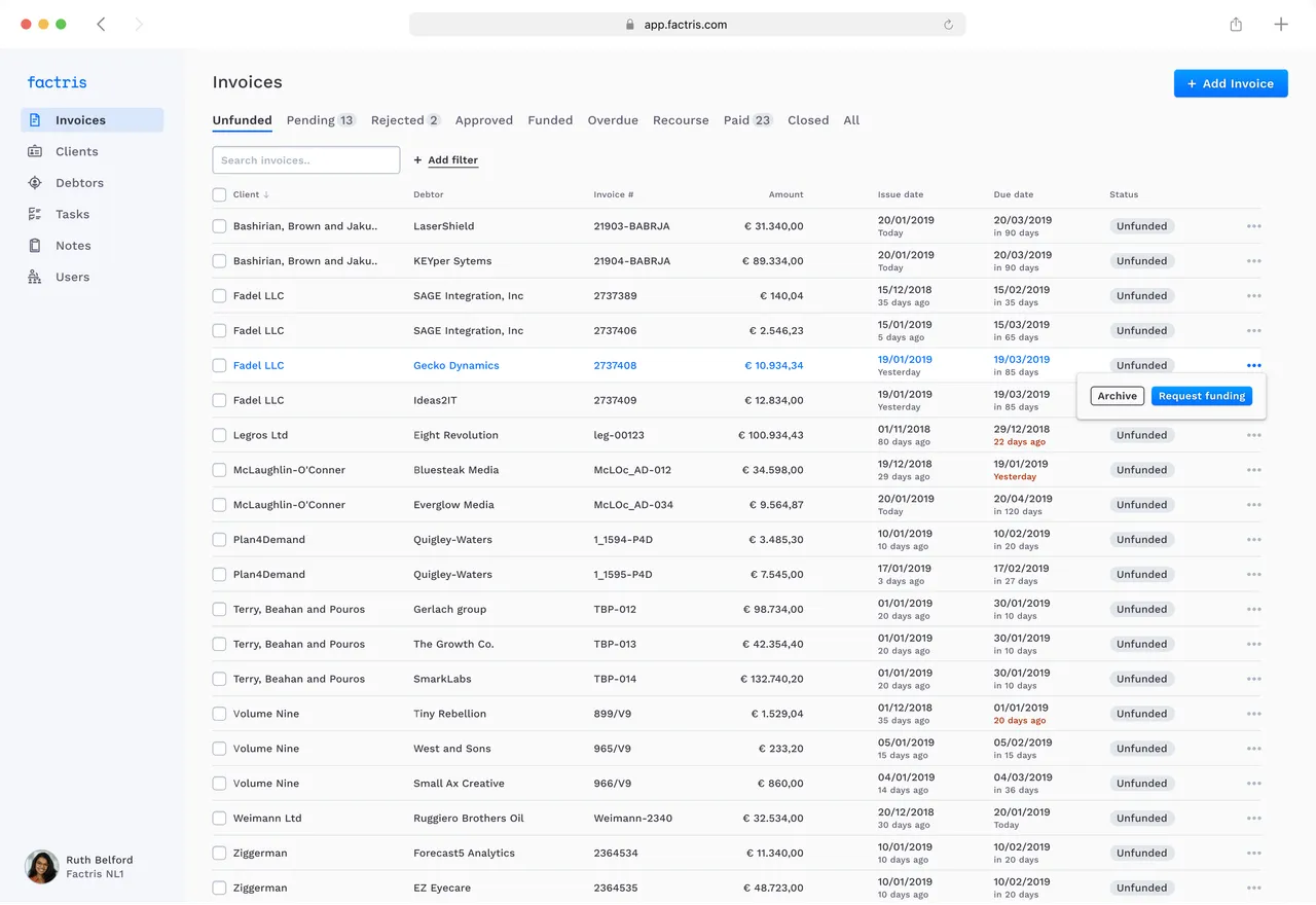 Invoices table showing unfunded invoices, with a row menu offering Archive and Request funding