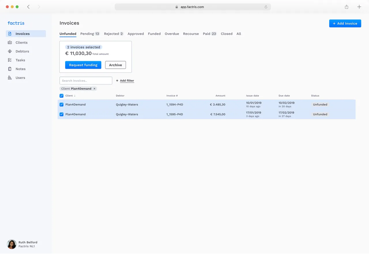 Invoices table filtered by client, with two invoices selected and a Request funding action for the total amount