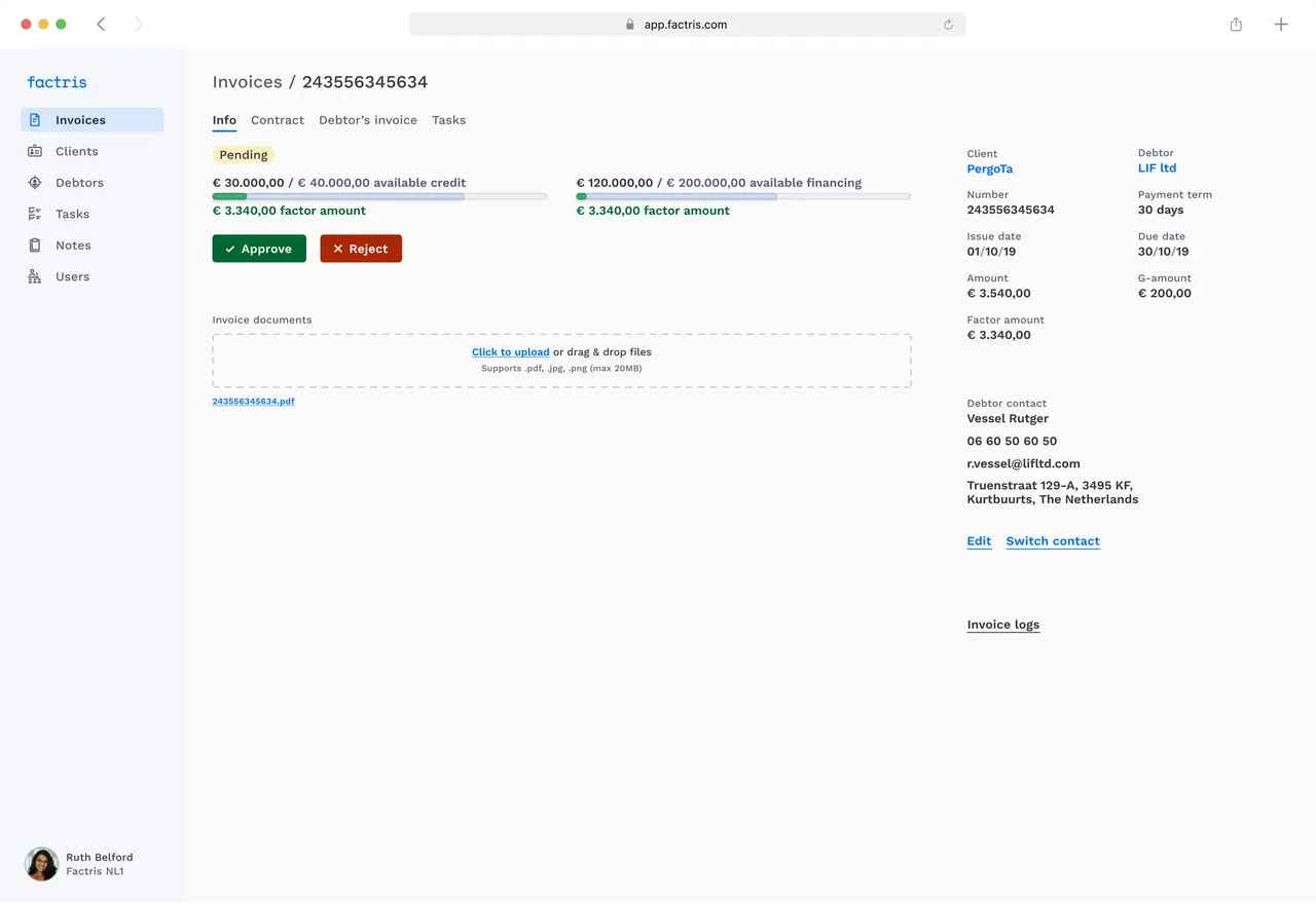 Pending invoice detail with available credit and financing bars, Approve and Reject buttons, and debtor contact details