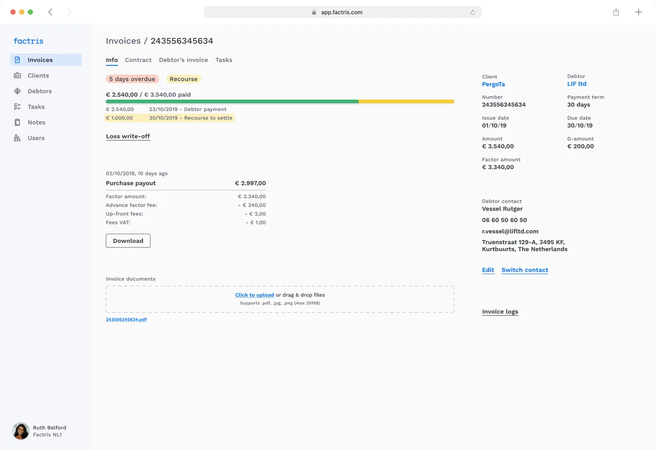 Overdue invoice in recourse, with payment progress, purchase payout breakdown and a loss write-off action