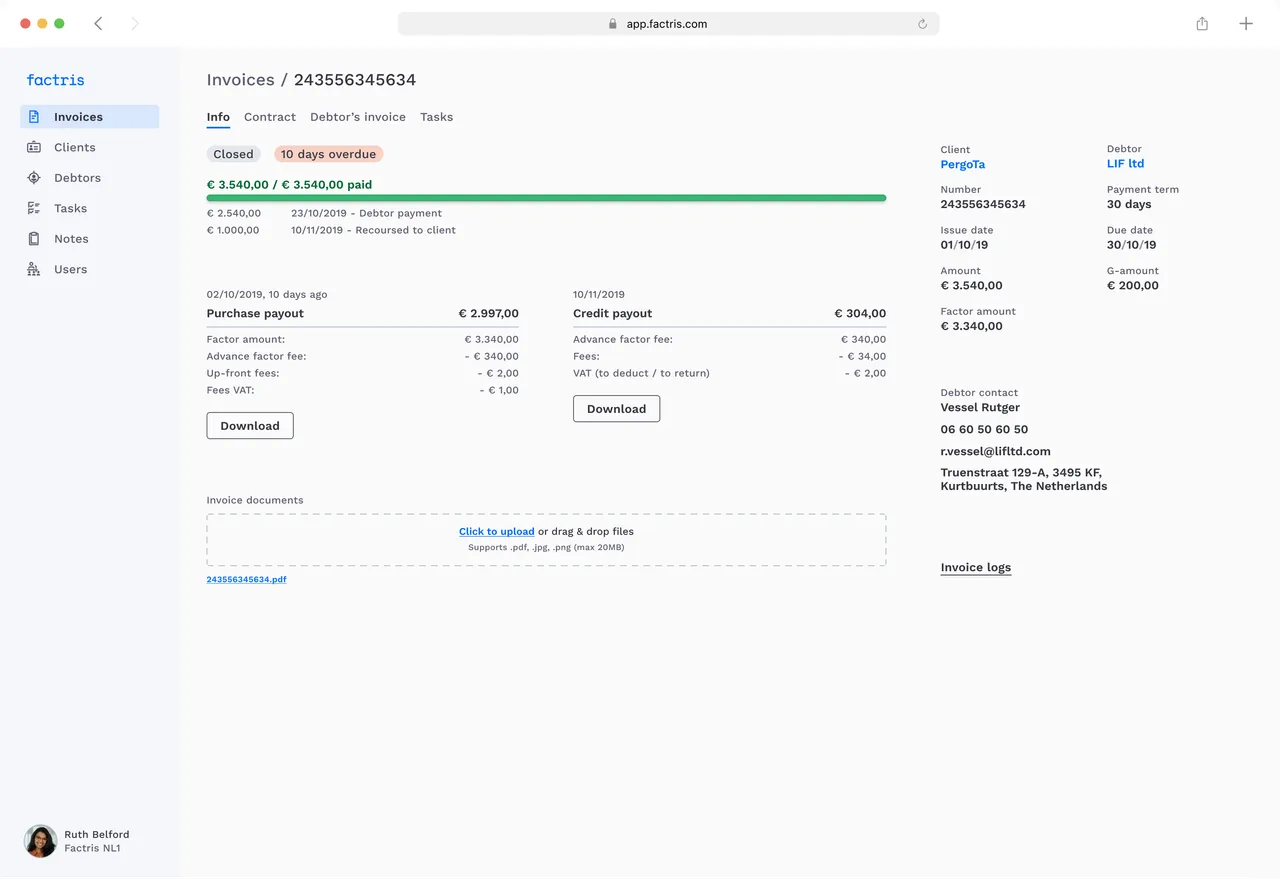 Closed invoice with full payment progress, purchase payout and credit payout breakdowns