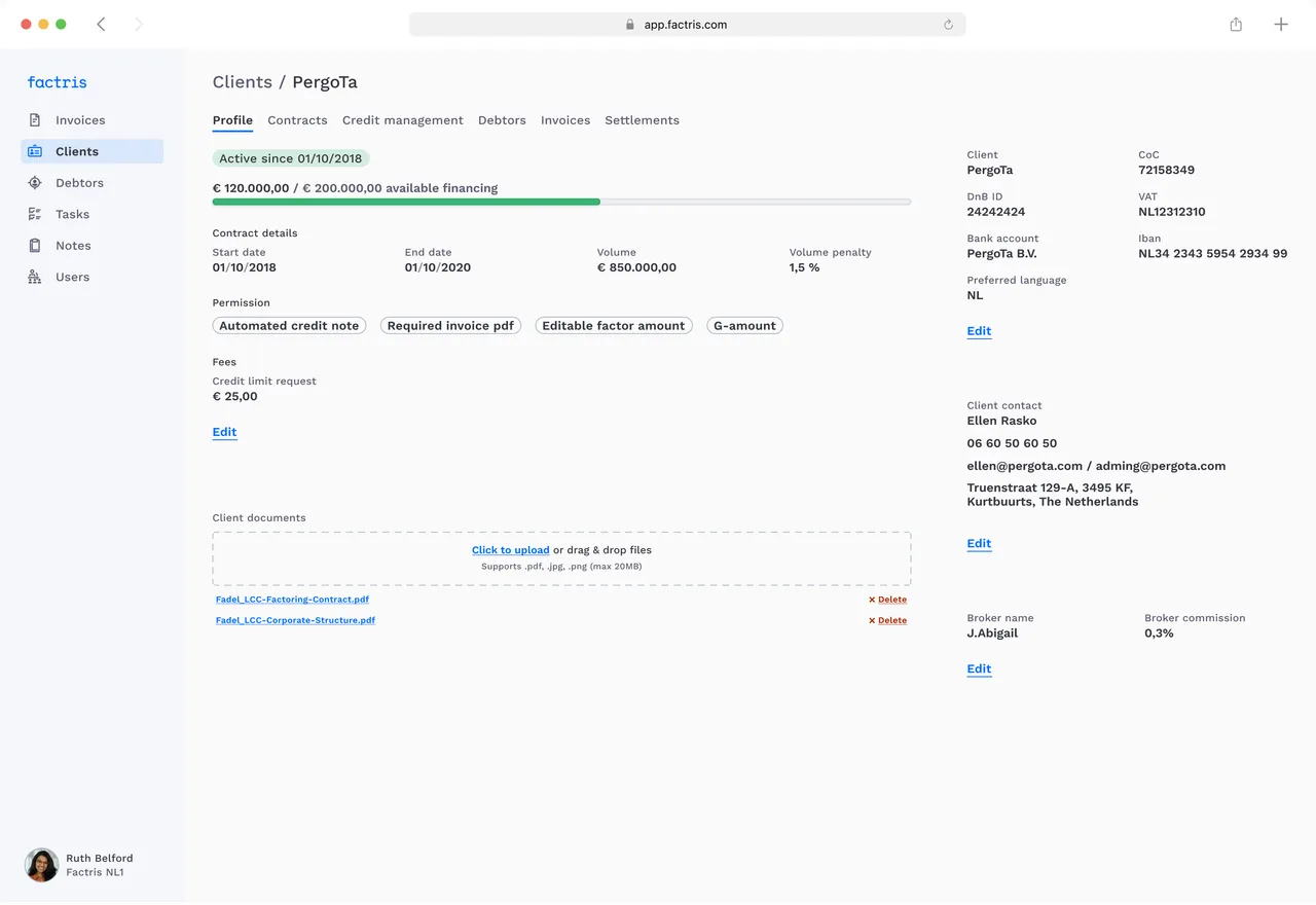 Client profile with available financing, contract details, permissions, fees and client documents
