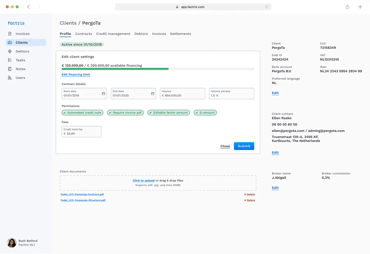 Edit client settings panel with financing limit, contract dates, volume, permissions and fees